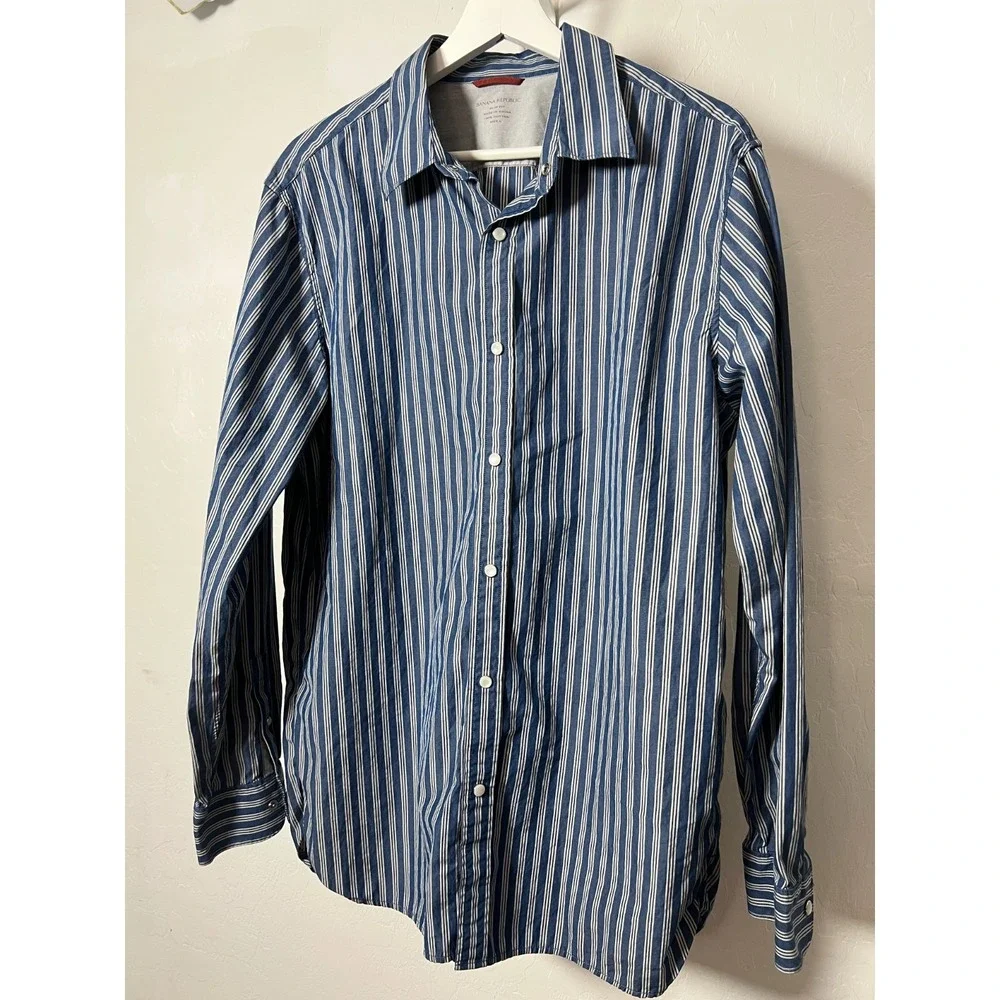 Banana Republic Pearl Snap Shirt Western Mens Size L Slim Fit Blue White Striped